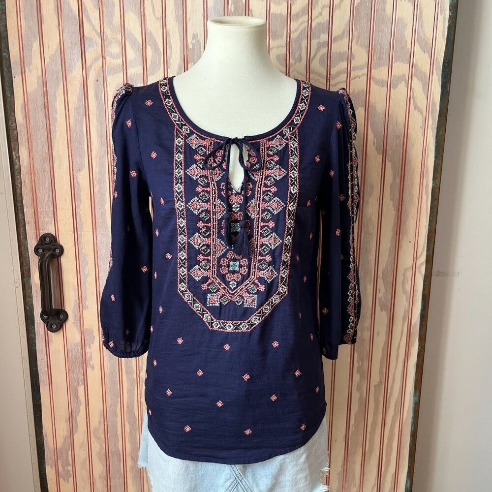 Anthropologie‎ Vanessa Virgina Boho Monaco Tunic Navy Beaded Folk Art Size 4